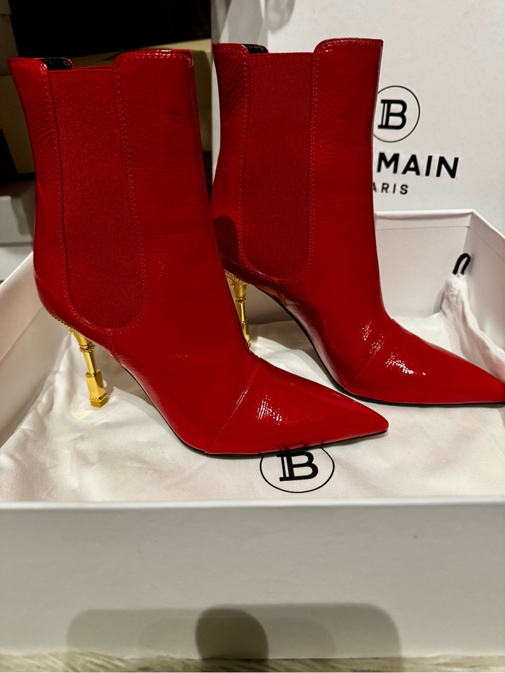 Balmain Red Patent Pointed Ankle Boots with Gold Sculpted Stiletto Heel 👠